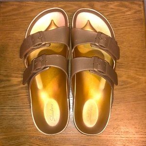 Gold Skechers buckle sandals